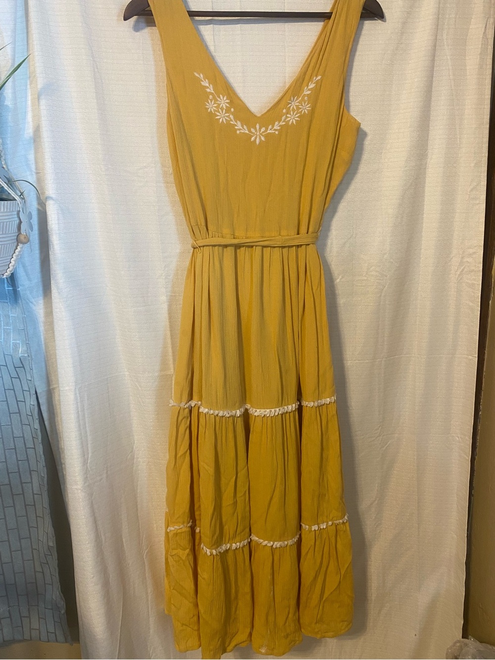 Sleeveless Marigold Maxi Dress with White Embroidery - Boho Tiered Crinkle Crepe